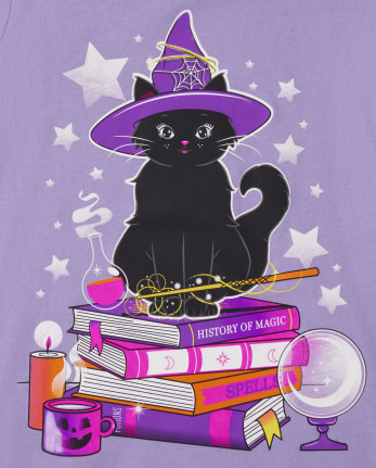 Girls Halloween Glow In The Dark Short Sleeve Cat Books Graphic Tee
