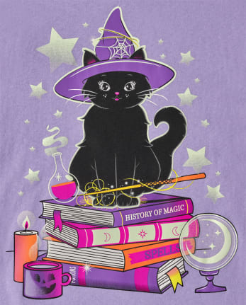 Girls Glow Cat Books Graphic Tee
