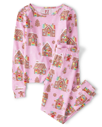 Girls Christmas Long Sleeve Gingerbread House Print Snug Fit Cotton Pajamas PINK The Children s Place
