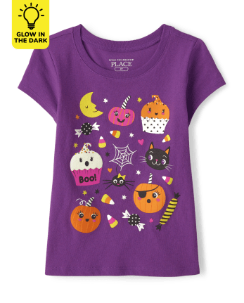 Baby And Toddler Girls Glow Halloween Doodle Graphic Tee