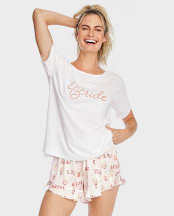 Womens Bridal Ruffle Satin Pajama Shorts