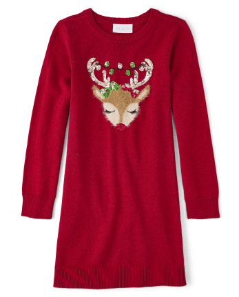 Girls Sequin Reindeer Sweater Dress