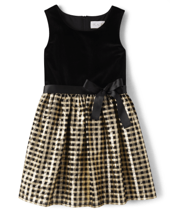 Girls Gingham Velour Fit And Flare Dress