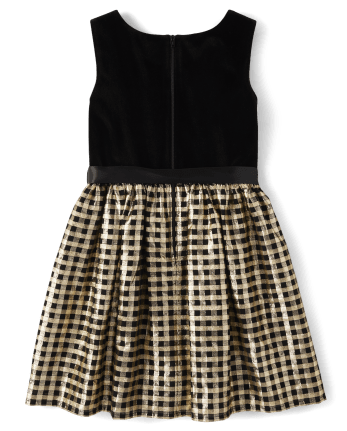 Girls Gingham Velour Fit And Flare Dress