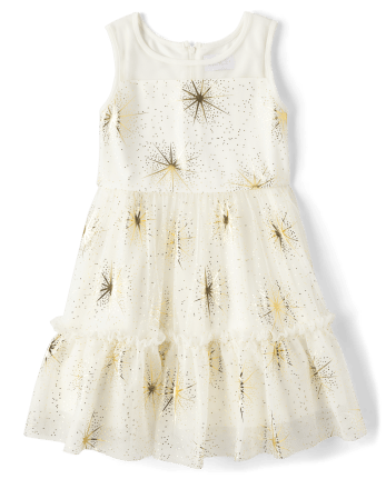 Girls Sleeveless Foil Star Print Mesh Woven Tiered Dress | The Children ...