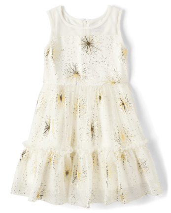 Vestido escalonado de malla con estrellas metalizadas para niñas