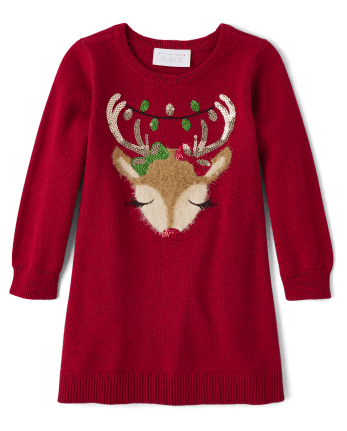 Baby And Toddler Girls Sequin Reindeer Sweater Dress