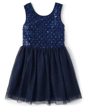 Girls Sequin Mesh Fit And Flare Dress