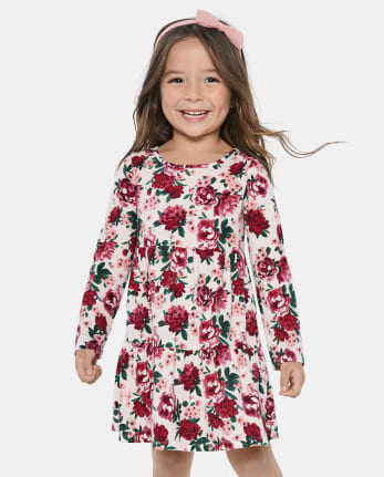 Toddler Girl Ruffled Bowknot Design Floral Print Splice Long-sleeve Dress