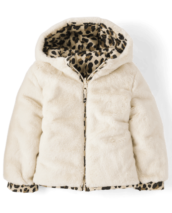 Toddler Girls Long Sleeve Leopard Faux Fur Reversible Jacket   The