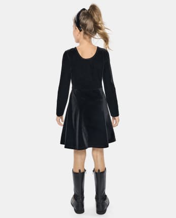 Girls Long Sleeve Velour Knit Skater Dress