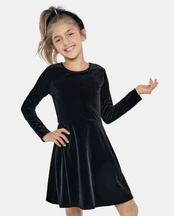 Girls Long Sleeve Velour Knit Skater Dress | The Children's Place - BLACK