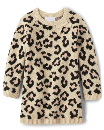 Baby And Toddler Girls Long Raglan Sleeve Leopard Print Knit Sweater Dress