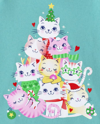 Baby And Toddler Girls Cat Christmas Tree Graphic Tee