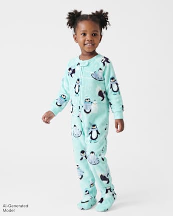Pijamas de una pieza con patas de forro polar de pingüino para bebés y niñas pequeñas - SEA CRYSTAL