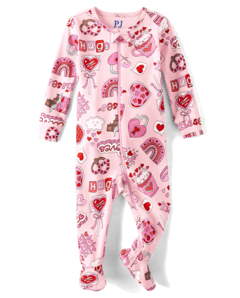 Baby And Toddler Girls Valentine's Day Doodle Snug Fit Cotton Footed One Piece Pajamas