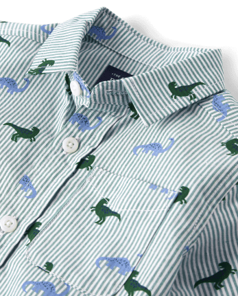 Baby And Toddler Boys Striped Dino Poplin Button Up Shirt