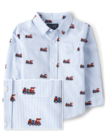 Baby And Toddler Boys Striped Train Poplin Button Up Shirt