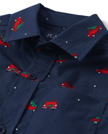 Boys Dad And Me Christmas Long Sleeve Truck Print Poplin Button Up ...