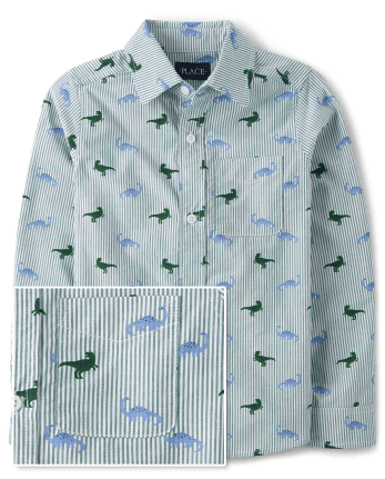 Camisa con botones de popelina con diseño de dinosaurio a rayas para niños