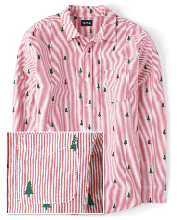 Mens Dad And Me Striped Christmas Tree Poplin Button Up Shirt