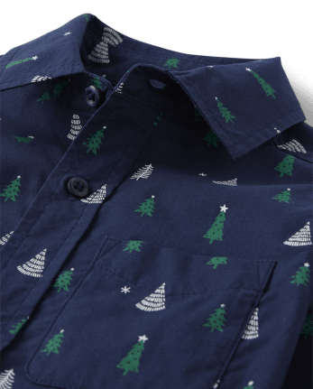 Boys Long Sleeve Christmas Tree Print Poplin Button Up Shirt | Gymboree ...