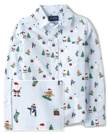 Boys Christmas Poplin Button Up Shirt