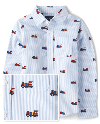 Boys Striped Train Poplin Button Up Shirt