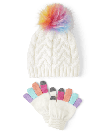 Girls Rainbow Pom Beanie And Texting Gloves 2-Piece Set