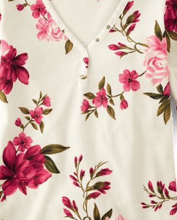 Womens Floral Thermal Henley Pajama Top