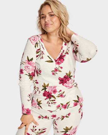 Womens Floral Thermal Henley Pajama Top