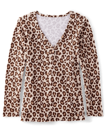 Womens Leopard Thermal Henley Pajama Top