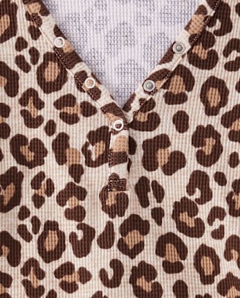 Womens Leopard Thermal Henley Pajama Top