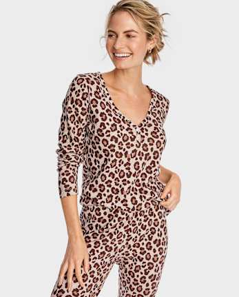 Womens Leopard Thermal Henley Pajama Top