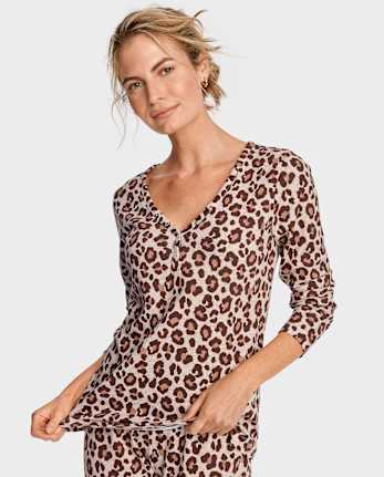 Womens Leopard Thermal Henley Pajama Top