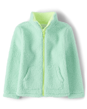 Girls Long Sleeve Sherpa Zip-Up Jacket | The Children's Place - CELTIC SEA