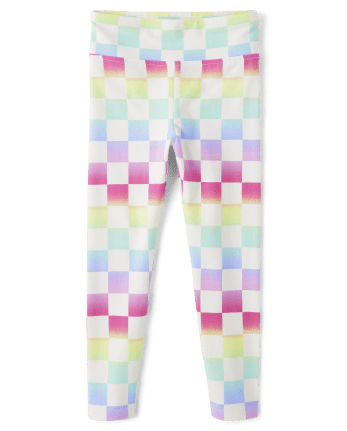 Girls Active Rainbow Checkered Knit High Rise Leggings