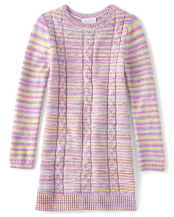 Girls Rainbow Striped Cable Knit Sweater Dress