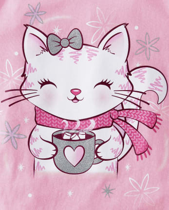 Girls Winter Cat Graphic Tee