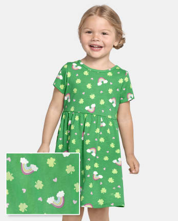 Baby And Toddler Girls Mix And Match Short Sleeve St. Patrick's Day Print  Knit Babydoll Dress