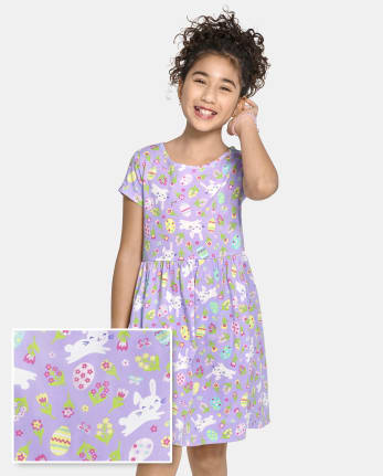 Girls Mix And Match Short Sleeve Easter Print Knit Everyday Dress