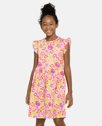 Girls Mix And Match Short Flutter Sleeve Floral Print Knit