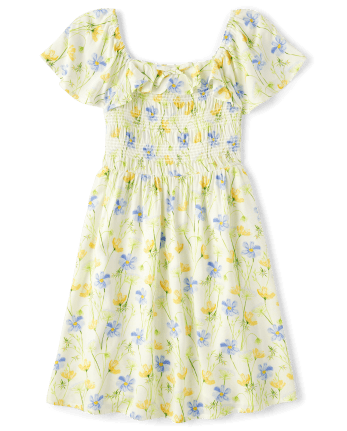 Girls Mommy And Me Short Flutter Sleeve Floral Print Challis Woven Smocked  Dress