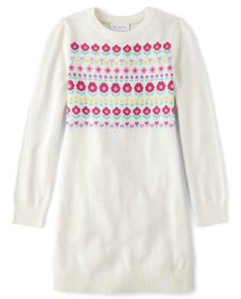Girls Long Sleeve Floral Fairisle Knit Sweater Dress