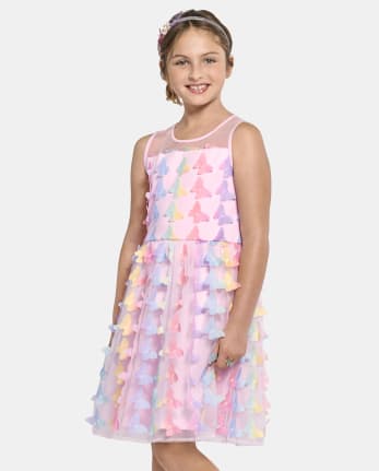 Girls Sleeveless Rainbow 3D Butterfly Mesh Woven Fit And Flare Dress