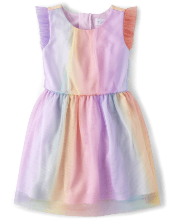 Girls Sleeveless Glitter Rainbow Ombre Mesh Woven Fit And Flare Dress ...