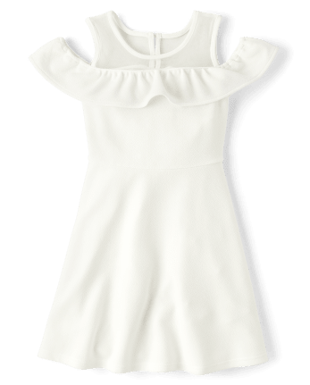 Girls Ruffle Jacquard Cold Shoulder Dress