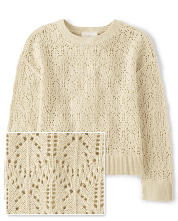 Sheer Aesthetic Cream Pointelle Knit Pullover Sweater Top