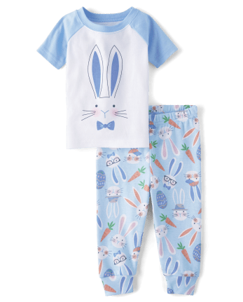 Pijamas de algodón ajustados con conejito de Pascua de manga raglán corta  familiar a juego para bebés y niños pequeños