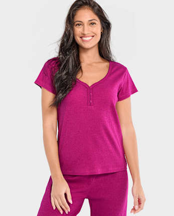 Womens Ribbed Henley Pajama Top